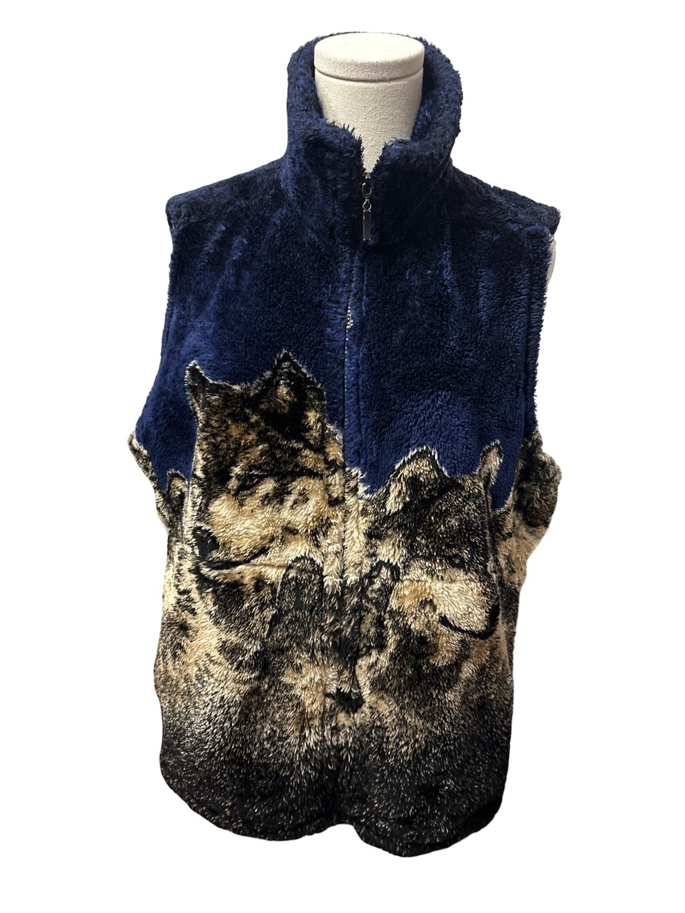 Vintage Mazmania Navy Faux Fur Zip Front Vest with Wolf - size M